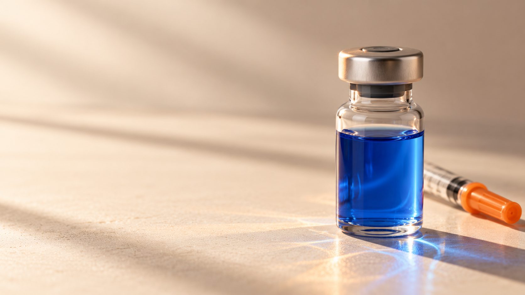 Glass injection vial filled with blue GHK-Cu copper peptide solution beside a capped syringe