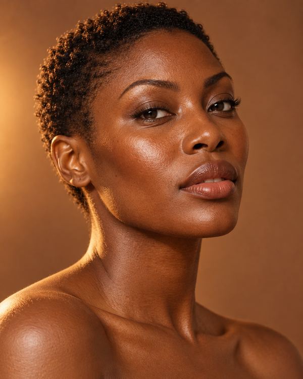 Portrait of a woman with short natural hair and deep brown skin