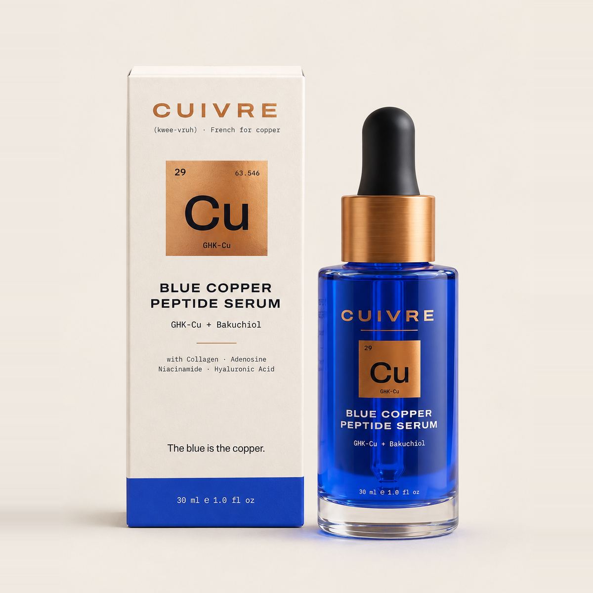 CUIVRE Blue Copper Peptide Serum: 30 ml cobalt-blue dropper bottle with copper collar beside its white carton